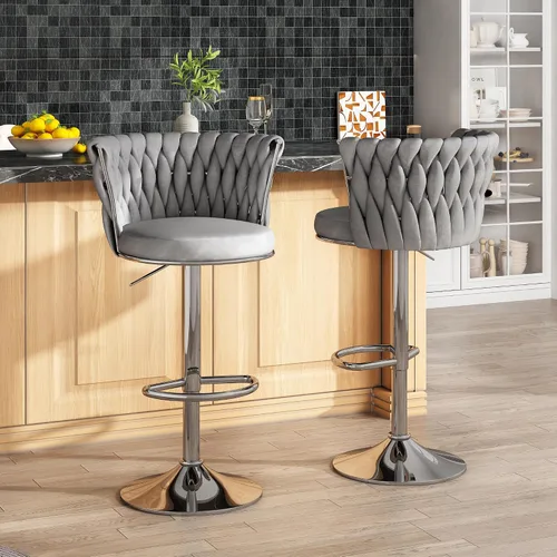 Miniatura 2 de Lamerge Juego de 2 taburetes de bar de terciopelo, sillas de bar giratorias modernas, taburetes de bar de cocina, taburetes de bar ajustables, Gris