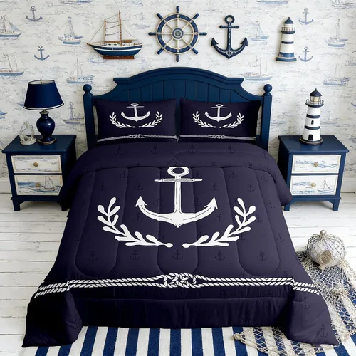 Miniatura 36 de Juego de edredón Lake House tamaño Twin, juego de ropa de cama náutica de navegación con ancla de 2 piezas para decoración de habitación de niños