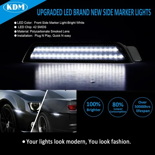 Miniatura 2 de KDM Reflectores LED de Señalización Lateral de Parachoque con Lente Ahumada de Filas Duales en Blanco Brillante, Compatible con 2010 2011 2012 2013
