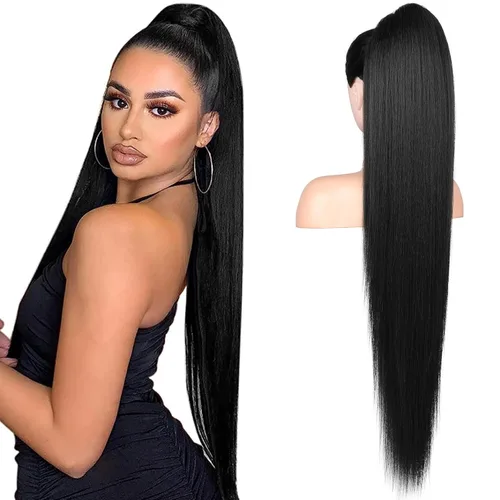 Miniatura 27 de Flufymooz - Extensión de cola de caballo de 26 pulgadas, extensiones de cabello con cordón y clip rectas, cola de caballo falsa natural suave