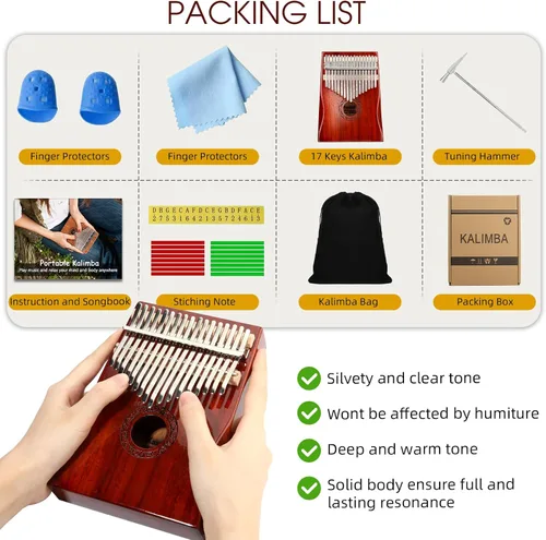 Miniatura 5 de Kalimba Piano de Pulgar, YUNDIE Portátil de 17 Teclas Mbira Piano de Dedo con Martillo de Afinación e Instrucciones de Estudio, Instrumento Musical