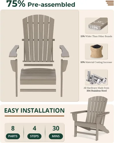 Miniatura 8 de BRIOPAWS Sillas Adirondack - Juego de 2 Veta de Madera Silla para Fogata De Gran Tamaño Plástico HDPE Resistente al Clima para Terraza
