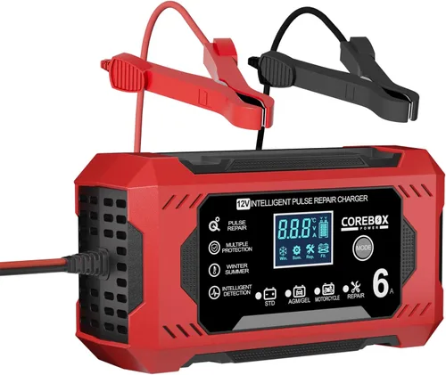 Corebox Cargador de Batería 6-Amperios 12V Cargador Inteligente Automático de Goteo, Mantenedor de Batería Desulfator con Compensación de