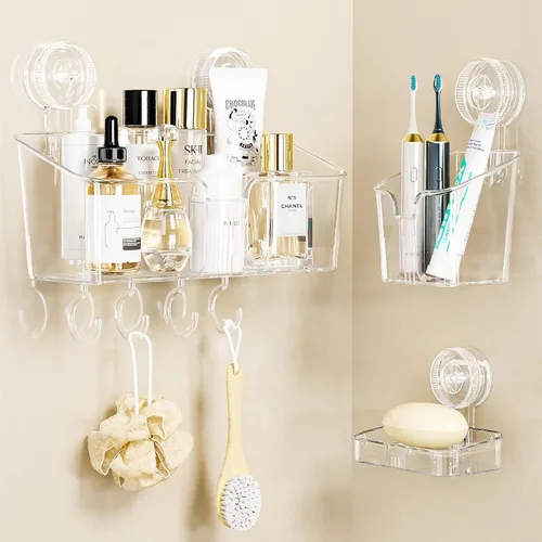 LUXEAR Organizador de ducha con ventosa transparente – organizador de ducha + jabonera+soporte para cepillo de dientes – 1 segundo instalación sin