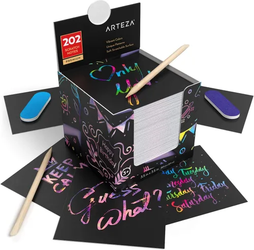 Miniatura 6 de ARTEZA Juego de papel para rascar, 404 notas para rascar, 3.5 x 3.5 pulgadas, 200 temas de arco iris, 200 holográficos