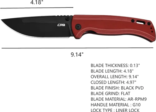 Miniatura 2 de CJRB CUTLERY Cuchillo de bolsillo Recurso (J1932) para pulgar, cuchillo plegable para hombre, hoja de acero PVD AR-RPM9 negro y mango rojo G10