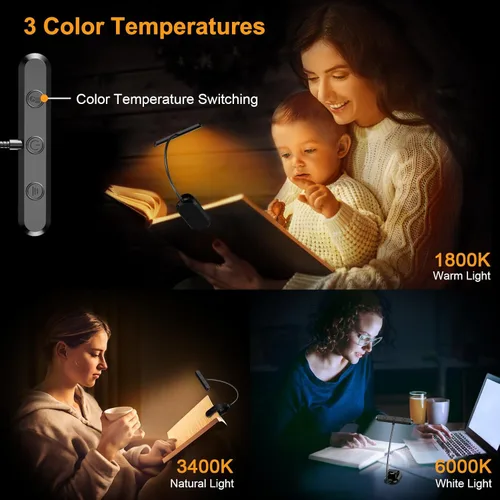 Miniatura 3 de Gritin Luz de libro recargable para leer en la cama con 19 LED y función de memoria, cuidado de los ojos, 3 temperaturas de color, 5 niveles de Negro