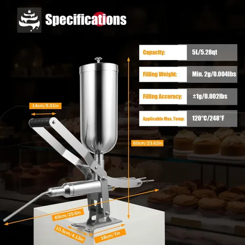 Miniatura 6 de Máquina de llenado manual de churro Máquina de llenado de churro español 5L Máquina de llenado de rosquillas de acero inoxidable para comercial
