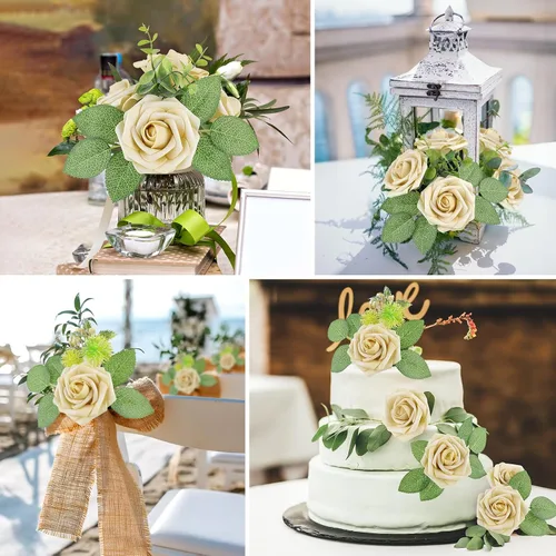 Miniatura 3 de AmyHomie 25 rosas artificiales beige de aspecto real con tallo para ramos de boda, centros de mesa, arreglos de fiesta, baby shower, día de San