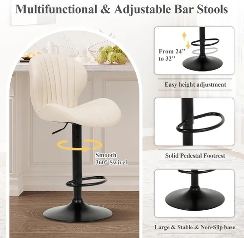 Miniatura 4 de COLAMY Juego de 6 taburetes de bar, modernas sillas de bar giratorias, taburetes ajustables tapizados de piel sintética, altura de mostrador
