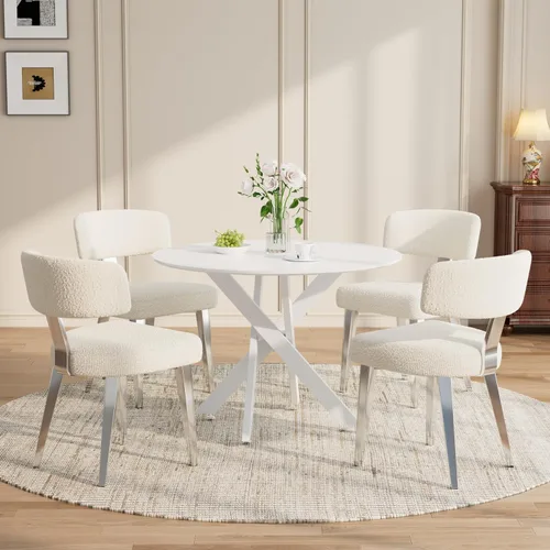 Miniatura 32 de Juego de mesa de comedor de madera para 2, mesa de cocina redonda de 36 pulgadas con 2 sillas de comedor Boucle, mesa de MDF con patas de metal