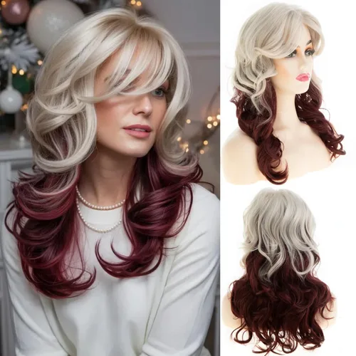 Miniatura 14 de Peluca larga y rizada ondulada gris plateado a morado con parte lateral de aspecto natural sintético Cosplay peluca para mujeres Astilla a Púrpura