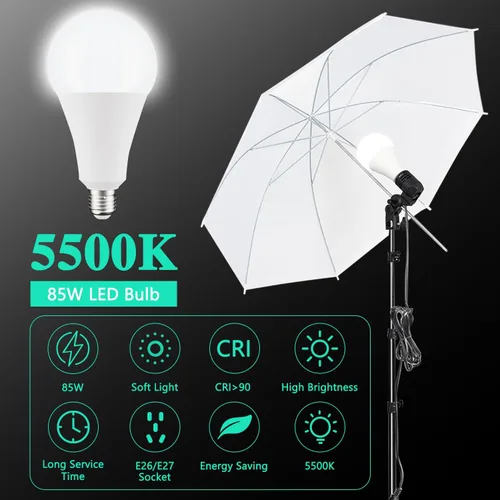 Miniatura 4 de HYJ-INC Kit de iluminación de paraguas para fotografía con bombilla LED de 85w, kit de fondo de muselina (blanco y negro), fondo, clips