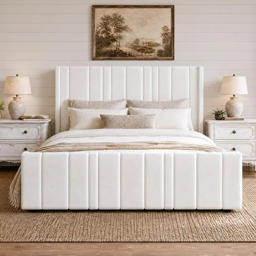Miniatura 9 de HOMBCK Marco de cama tamaño matrimonial, plataforma tapizada en terciopelo, con cabecero y estribo de canal vertical, listones de madera, sin ruido