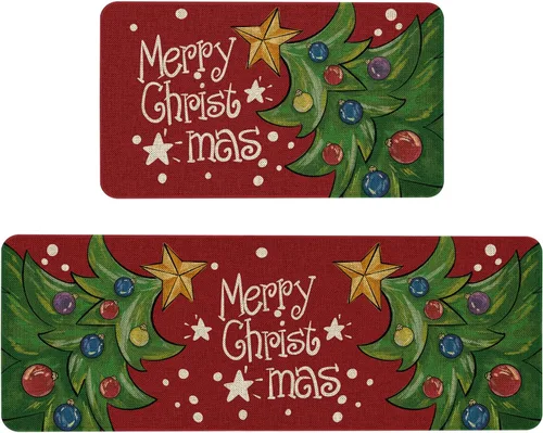 Mloabuc Juego de 2 tapetes de cocina con texto en inglés "Merry Christmas", antifatiga, impermeables, resistentes a las manchas, color azul, Navidad