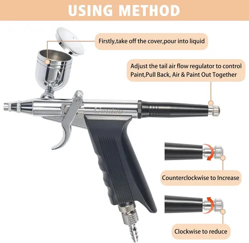 Miniatura 4 de Pistola de gatillo de aerógrafo Pistola de pulverización de cepillo de aire con agujas de 0.008 in 7CC y 10 CC Copa para pintar Kit de aerógrafo