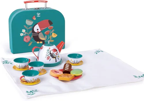 Hape Juego de té para niñas y niños pequeños, juego de fiesta de té de lata de 18 piezas con funda de transporte de tucán, tetera de juguete,