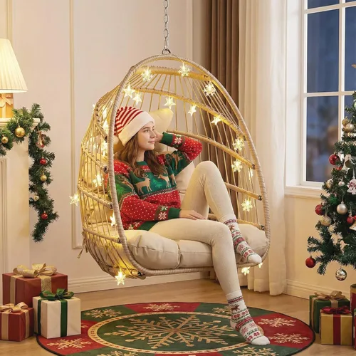 Miniatura 2 de NICESOUL Silla de huevo sin soporte para interiores y exteriores, cómoda silla colgante de mimbre para patio con cojín, hamaca columpio de 350 Beige