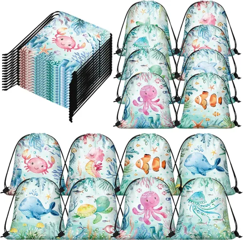 Miniatura 8 de Sanwuta 18 bolsas de recuerdo de fiesta bajo el mar, bolsas de regalo del océano, bolsas con cordón para regalo de playa, animales marinos, dulces