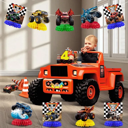 Miniatura 4 de 9 piezas de centro de mesa de nido de abeja de camión monstruo camión monstruo decoraciones de fiesta de cumpleaños Monster Truck decoraciones