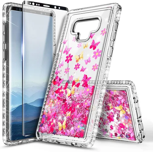 Funda para Samsung Galaxy Note 9 con protector de pantalla (cobertura máxima, película de TPU flexible), purpurina brillante que fluye con diamantes