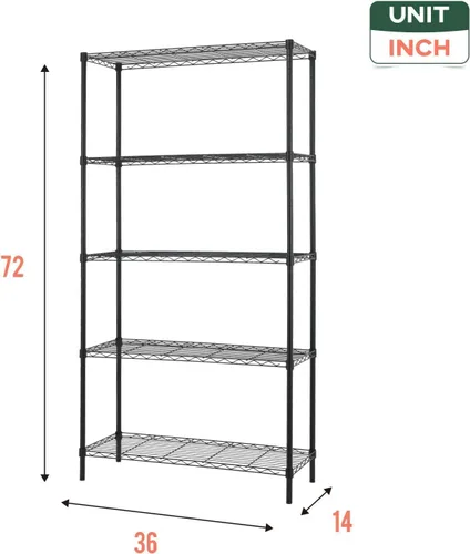 Miniatura 3 de FDW Unidad de estantería de alambre de 14" de profundidad × 36" de ancho × 72" de alto, estante de metal comercial con rack de 5 niveles ajustables
