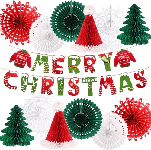 Decoraciones de fiesta de Navidad, pancarta de Feliz Navidad, panal de abeja, sombreros de Papá Noel, árboles, copos de nieve, abanicos de papel