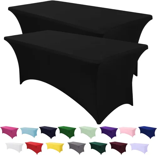 Cubierta de Mesa de Spandex Paquete de 2, 6 Pies, Manteles Ajustados Negros, Lavables Resistentes a las Arrugas, Mantel Elástico Rectangular para