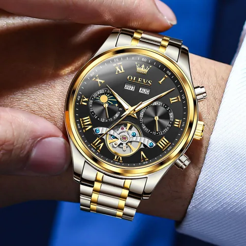 Miniatura 3 de OLEVS Relojes automáticos para hombre, esqueleto Tourbillon, reloj de pulsera de lujo con diamantes de cuerda automática, acero inoxidable