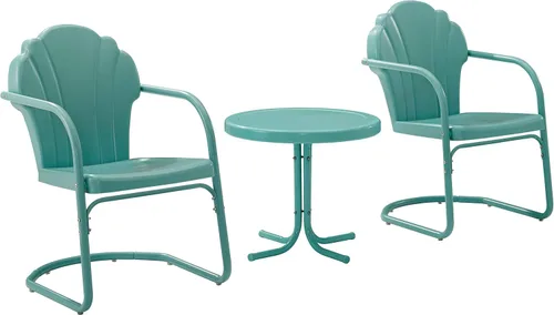 Crosley Furniture Tulip - Juego de sillas y mesa auxiliar para exteriores, 3 piezas, juego de conversación de metal retro, color azul