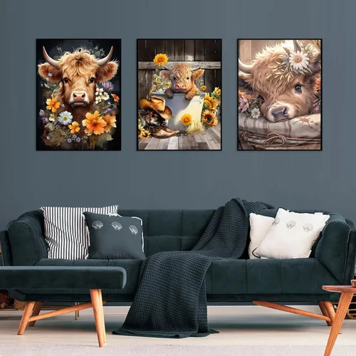 Miniatura 3 de Axquilon Kits de arte de diamantes para adultos, paquete de 3 kits de pintura de diamantes de vaca de las tierras altas para adultos, 5D redondo