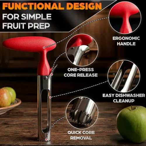 Miniatura 4 de Herramienta descorazonadora de manzana, removedor de núcleo de manzana con mango ergonómico rojo, acero inoxidable duradero y seguro para alimentos