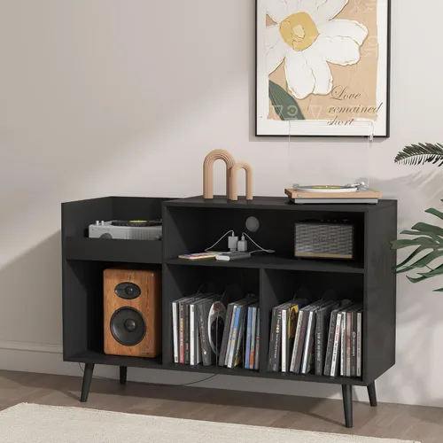 Miniatura 3 de Soporte para tocadiscos, armario de almacenamiento de discos de vinilo con toma de corriente, capacidad para hasta 350 álbumes, mesa de soporte