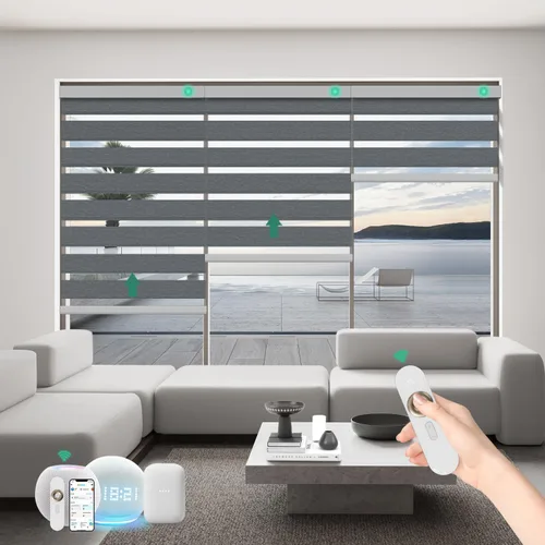 Miniatura 8 de Persianas motorizadas de cebra con control remoto, funcionan con HomeKit Alexa, cortinas eléctricas automáticas para ventanas, 60% opacas, filtro