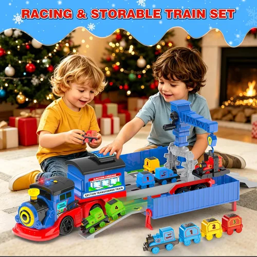 Miniatura 3 de Juego de tren de juguete 2 en 1 para niños pequeños, base de tren de catapulta con grúa torre móvil, 8 pequeños trenes magnéticos, efecto de luz