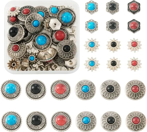 24 Juegos de Conchos para Cuero Remaches Decorativos de Girasol Tachuelas 13-20mm (0.512-0.787 in) Conchos Turquesa Remache Rápido de Metal