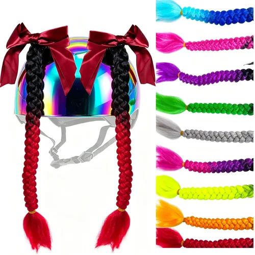Miniatura 9 de Extensión de cola de caballo para niñas con ventosa para casco, 2 piezas, accesorios para casco con lazo, coletas para casco de motocicleta