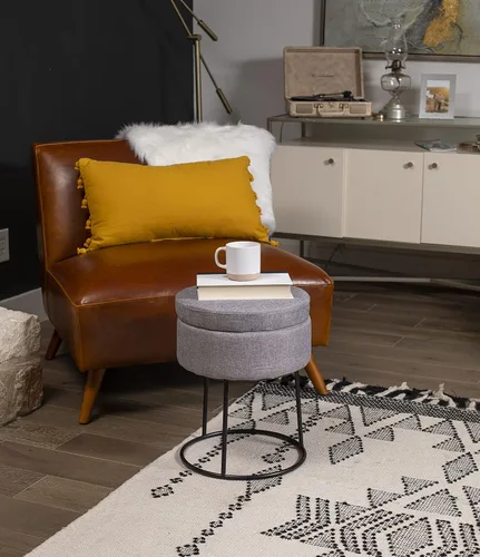 Miniatura 2 de BIRDROCK HOME Taburete otomano de almacenamiento de lino gris con base de patas de metal negro, reposapiés acolchado suave y compacto, reposapiés