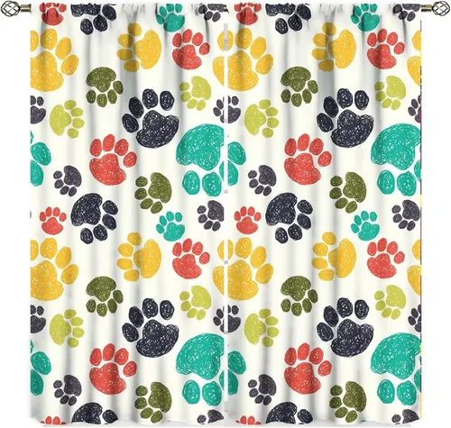 Miniatura 12 de Cortinas opacas con diseño de animales, fondo azul con huellas de perro, huesos y divertido patrón de cachorro, cortinas de sala de estar para niños