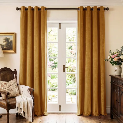 StangH Cortinas de terciopelo dorado mostaza para sala de estar, súper suaves, gruesas, con bloqueo de luz y reducción de ruido, paneles para Serie