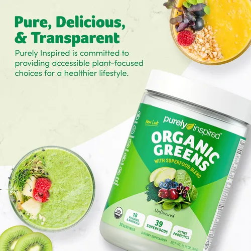Miniatura 6 de Purely Inspired Organic Greens Powder Superfood Smoothie Mix, sin sabor (30 porciones) – Super Greens con probióticos, espirulina y clorella