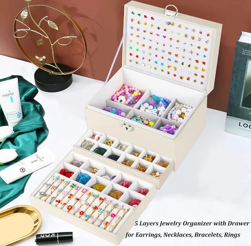 Miniatura 116 de Joyero de pendientes para mujeres y niñas, organizador de aretes de 5 capas, caja organizadora de joyas blanca con candado, collares y aretes