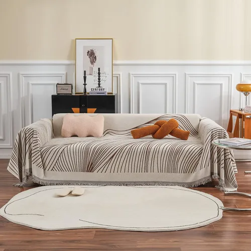 VClife Funda de Sofá XL de Chenilla para Sofá de 3 Cojines, Fundas de Sofá Modernas a Rayas Beige Chocolate para Niños Lavables Protector de Sofá 07