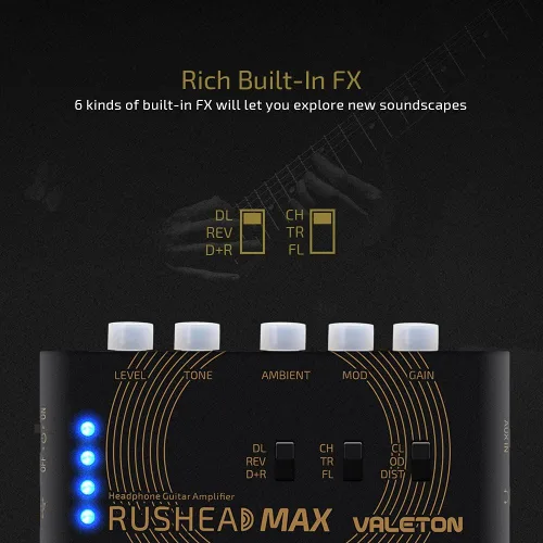 Miniatura 3 de Valeton Rushead Max - Amplificador de auriculares portátil para guitarra y bajo USB, cargador USB, para dormitorio, multiefectos
