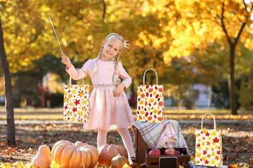 Miniatura 4 de 12 bolsas de regalo de otoño para fiesta de Acción de Gracias, hojas de arce naranja de otoño, bolsas de comestibles, bolsas de papel de Acción
