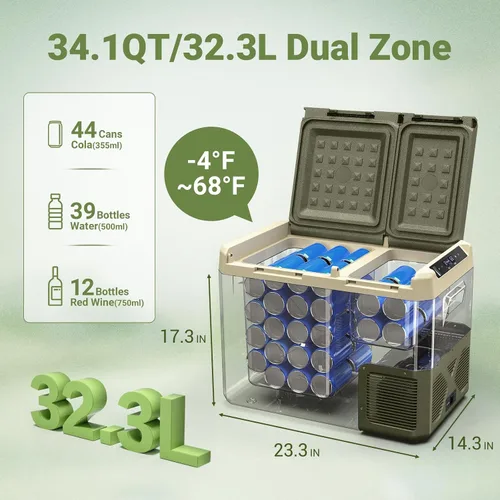 Miniatura 2 de BODEGACOOLER Refrigerador de Coche de 12 Voltios, Refrigerador de Coche de 34.1 Cuartos de Galón de Doble Zona, Congelador Portátil de 12V con Verde