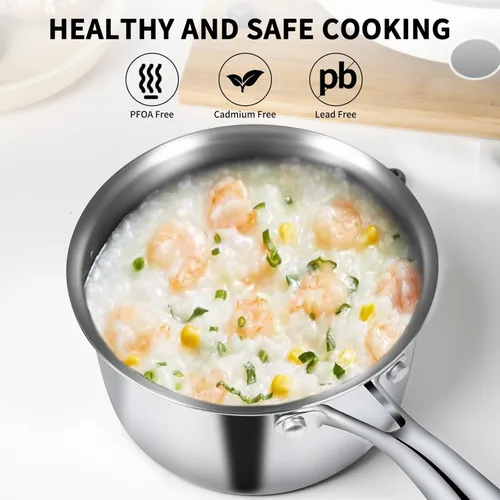 Miniatura 5 de EWFEN Juego de sartenes de acero inoxidable de 3 capas con tapas, olla multiusos de 1 y 2 cuartos de galón, mango que se mantiene fresco, horno
