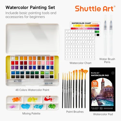 Miniatura 4 de Shuttle Art - Juego de pintura de acuarela de 48 colores en medias bandejas con 2 bolígrafos de pincel de agua, 10 pinceles de pintura, 1