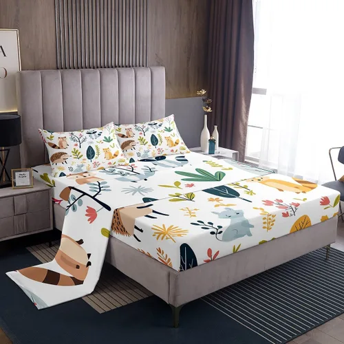 Miniatura 10 de Erosebridal Juego de sábanas tamaño individual de mapache para niños y niños, sábanas florales rosas de animales del bosque, juego de ropa de cama