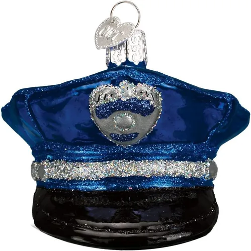 Old World Christmas Adorno de Cristal Soplado de Gorra de Oficial de Policía para Árbol de Navidad, Decoración Navideña Artesanal, Colección de